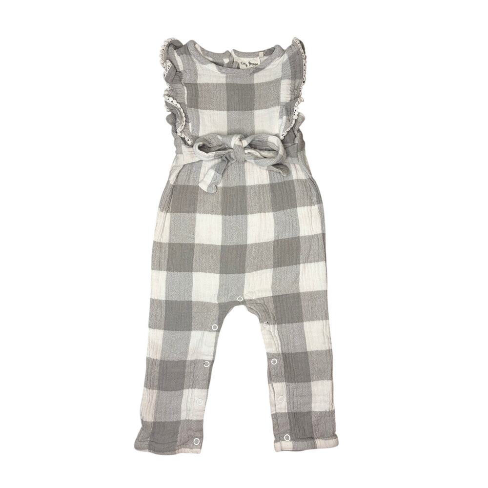 City Mouse Baby Girls Gray White Buffalo Check Ruffle Jumpsuit Romper 18-24M